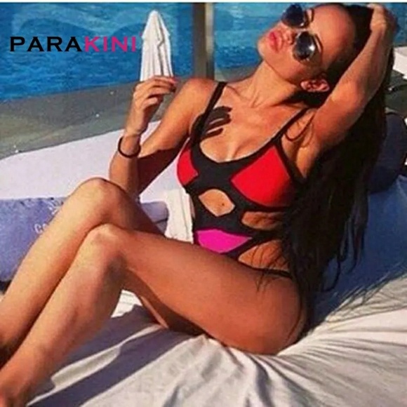 RED ORANGE BANDAGE MONOKINI SWIMSUIT - Picture 2 of 7